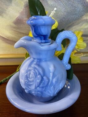 Avon Victoriana  Blue Slag Pitcher & Bowl Set